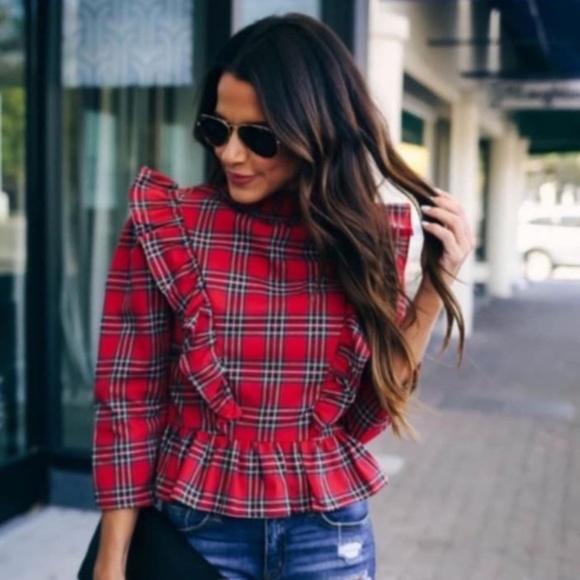 English Factory Tops - English Factory Tartan Plaid High-Neck Ruffle Holiday Blouse Red